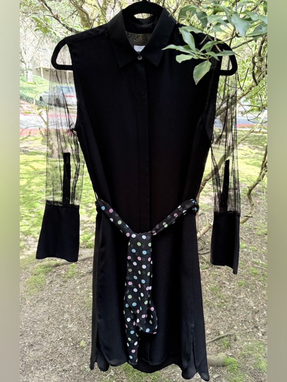 Element Black Long-Sleeve Sheer-Panel Button Dress